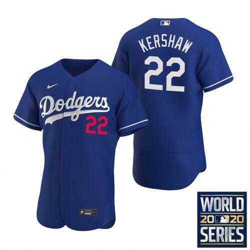 Men's Los Angeles Dodgers #22 Clayton Kershaw Blue 2020 World Series Bound stitched MLB Jersey