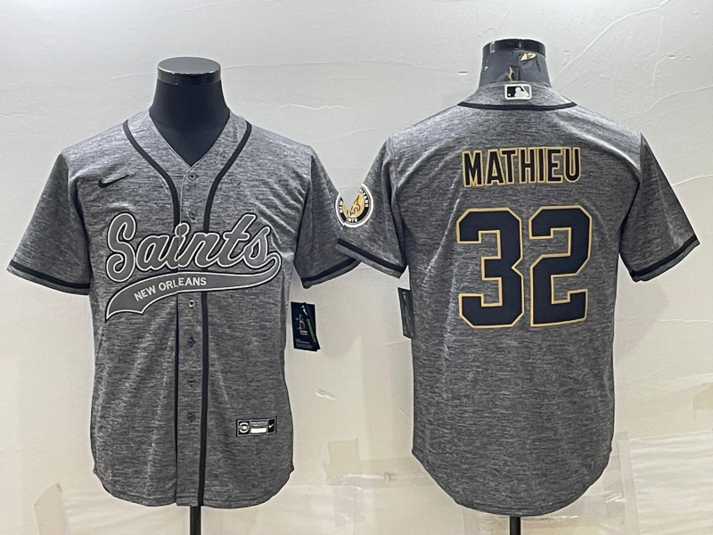 Men's New Orleans Saints #32 Tyrann Mathieu Grey With Patch Cool Base Stitched Baseball Jersey