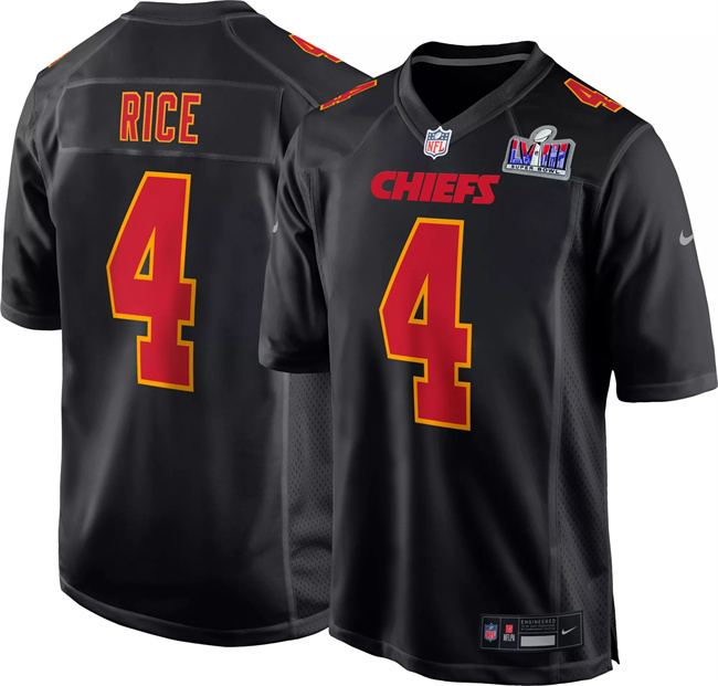 Men's Kansas City Chiefs #4 Rashee Rice Black 2024 Super Bowl LVIII Patch Limited Stitched Game Jersey