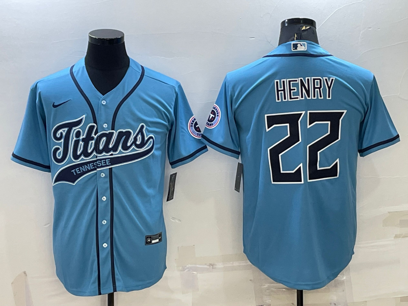 Men's Tennessee Titans #22 Derrick Henry Blue With Patch Cool Base Stitched Baseball Jersey