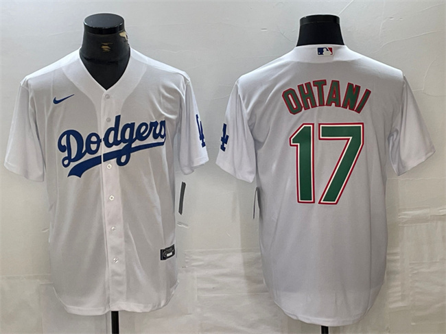 Men's Los Angeles Dodgers #17 Shohei Ohtani Stitched White/Green Cool Base Baseball Jersey