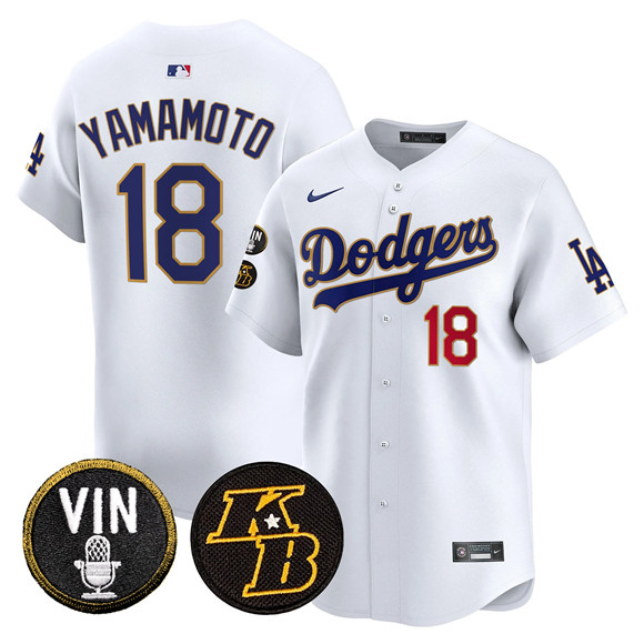 Men's Los Angeles Dodgers #18 Yoshinobu Yamamoto White 2026 Vin & Kobe Patch Gold Trim Vapor Premier Limited Stitched Baseball Jersey Men's Los Angeles Dodgers #18 Yoshinobu Yamamoto White 2026 Vin & Kobe Patch Gold Trim Vapor Premier Limited Stitched Baseball Jersey