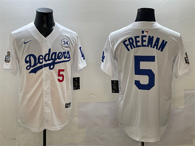 Men's Los Angeles Dodgers #5 Freddie Freeman White 2024 World Series With No. 34 Patch Home Limited Stitched Baseball Jersey Men's Los Angeles Dodgers #5 Freddie Freeman White 2024 World Series With No. 34 Patch Home Limited Stitched Baseball Jersey