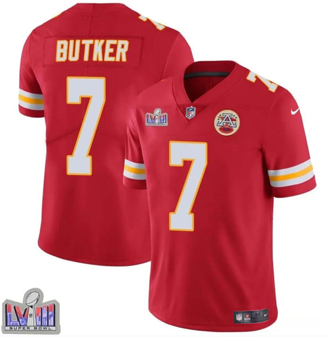 Men's Kansas City Chiefs #7 Harrison Butker Red Super Bowl LVIII Patch Vapor Untouchable Limited Stitched Football Jersey
