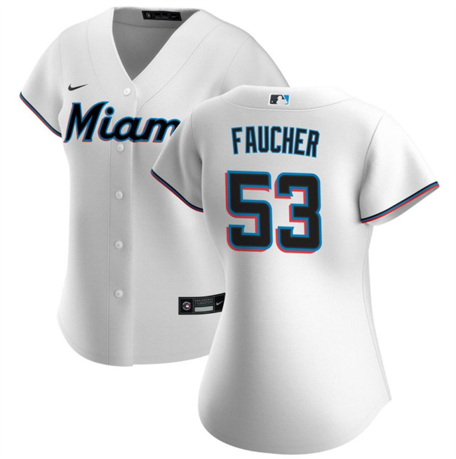 Women's Miami Marlins #53 Calvin Faucher White Cool Base Stitched Baseball Jersey