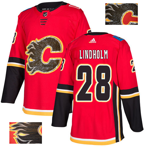 Adidas Flames #28 Elias Lindholm Red Home Authentic Fashion Gold Stitched NHL Jersey
