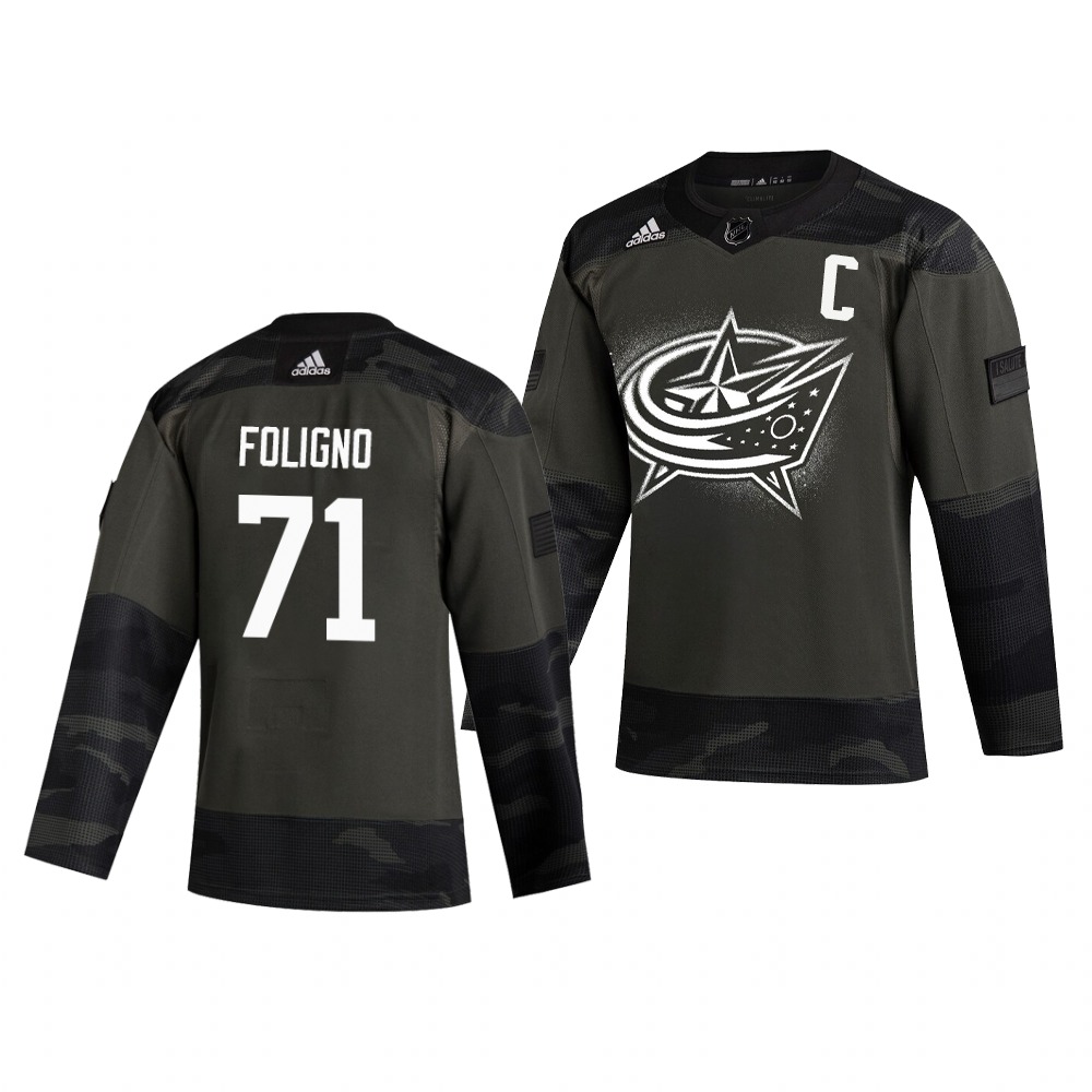 Columbus Blue Jackets #71 Nick Foligno Adidas 2019 Veterans Day Men's Authentic Practice NHL Jersey Camo