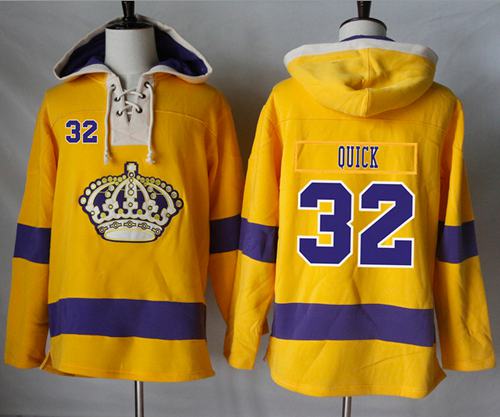 Kings #32 Jonathan Quick Gold Sawyer Hooded Sweatshirt Stitched NHL Jersey
