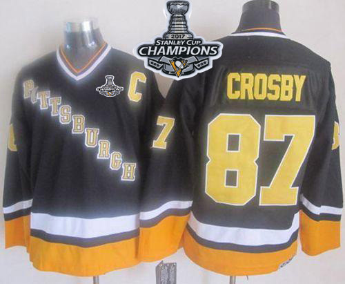 Penguins #87 Sidney Crosby Black/Yellow CCM Throwback 2017 Stanley Cup Finals Champions Stitched NHL Jersey