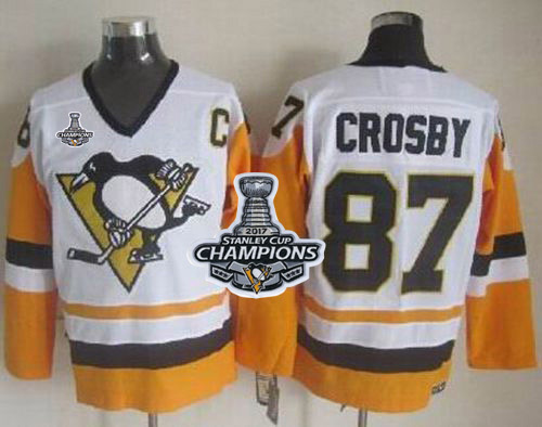 Penguins #87 Sidney Crosby White/Black CCM Throwback 2017 Stanley Cup Finals Champions Stitched NHL Jersey