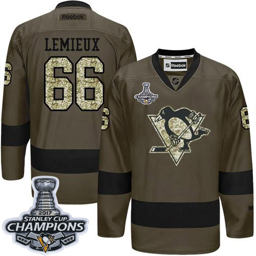 Penguins #66 Mario Lemieux Green Salute to Service 2017 Stanley Cup Finals Champions Stitched NHL Jersey