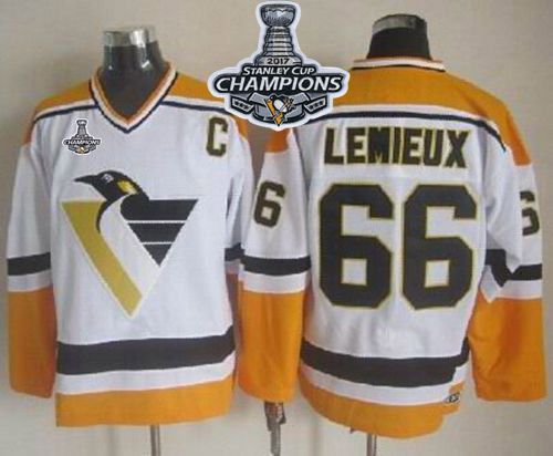 Penguins #66 Mario Lemieux White/Yellow CCM Throwback 2017 Stanley Cup Finals Champions Stitched NHL Jersey