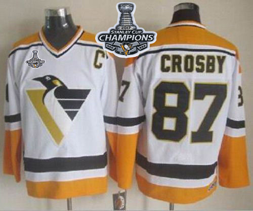 Penguins #87 Sidney Crosby White/Yellow CCM Throwback 2017 Stanley Cup Finals Champions Stitched NHL Jersey
