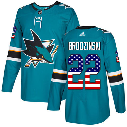 Adidas Sharks #22 Jonny Brodzinski Teal Home Authentic USA Flag Stitched NHL Jersey