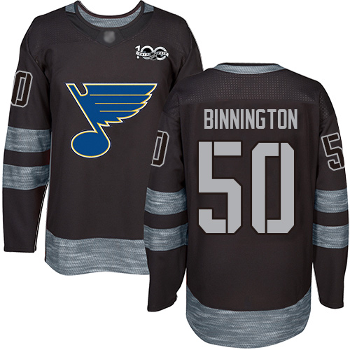 Adidas Blues #50 Jordan Binnington Black 1917-2017 100th Anniversary Stitched NHL Jersey