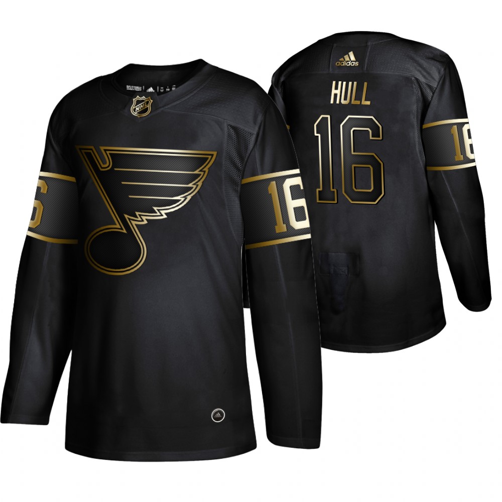 Adidas Blues #16 Brett Hull Men's 2019 Black Golden Edition Retired Player Authentic Stitched NHL Jersey