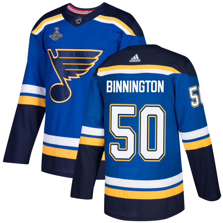 Adidas Blues #50 Jordan Binnington Blue Home Authentic 2019 Stanley Cup Champions Stitched NHL Jersey