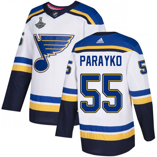 Adidas Blues #55 Colton Parayko White Road Authentic 2019 Stanley Cup Champions Stitched NHL Jersey