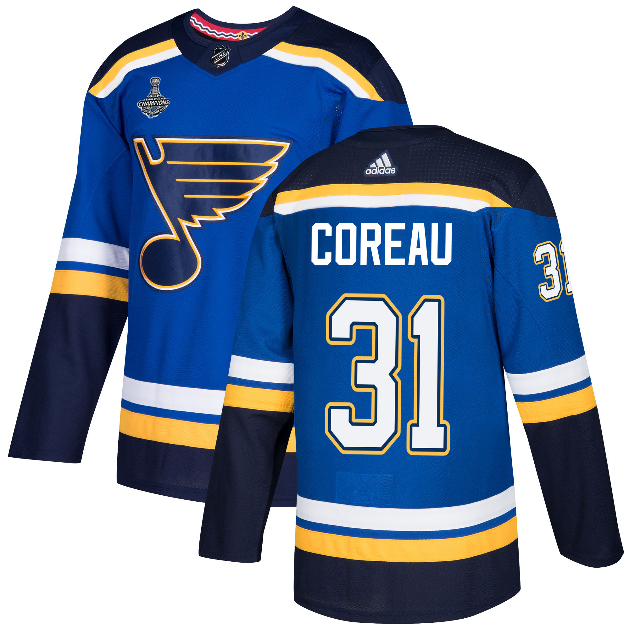 Adidas Blues #31 Jared Coreau Blue Home Authentic 2019 Stanley Cup Champions Stitched NHL Jersey