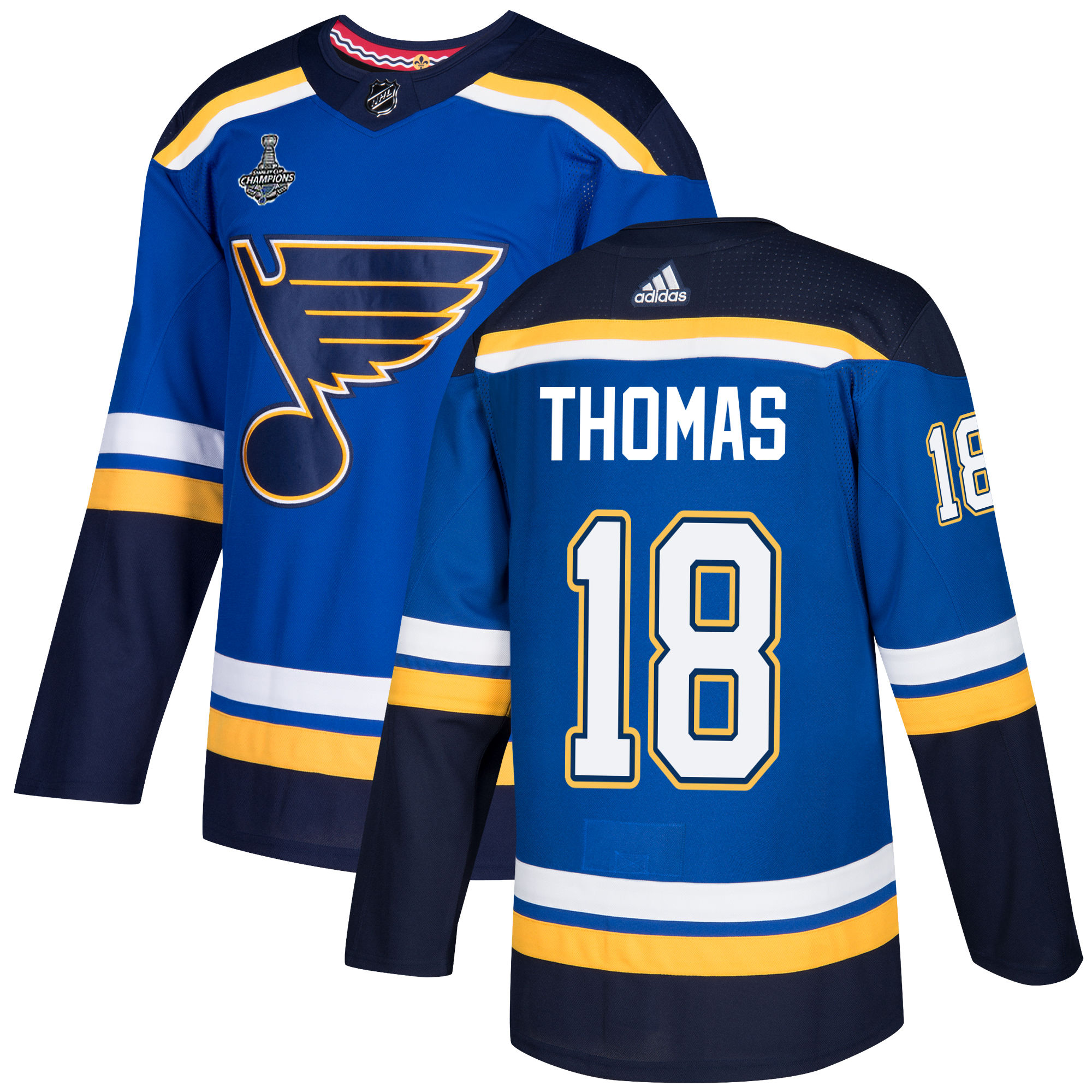 Adidas Blues #18 Robert Thomas Blue Home Authentic 2019 Stanley Cup Champions Stitched NHL Jersey