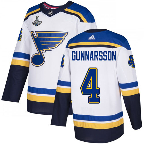 Adidas Blues #4 Carl Gunnarsson White Road Authentic 2019 Stanley Cup Champions Stitched NHL Jersey