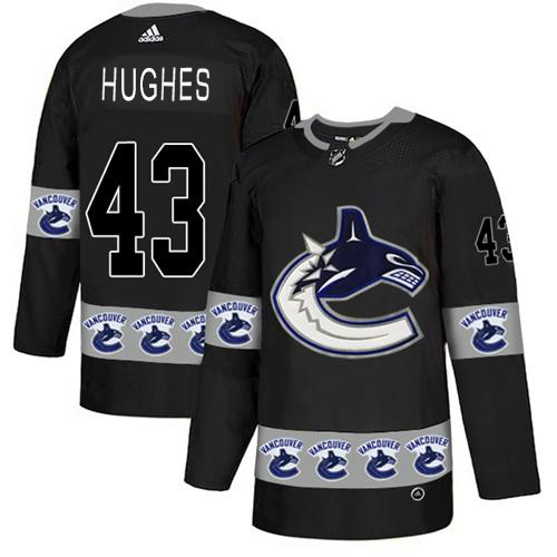 Adidas Canucks #43 Quinn Hughes Black Authentic Team Logo Fashion Stitched NHL Jersey