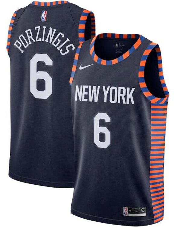 New Yok Knicks Navy #6 Kristaps Porzingis City Edition Stitched Swingman Jersey