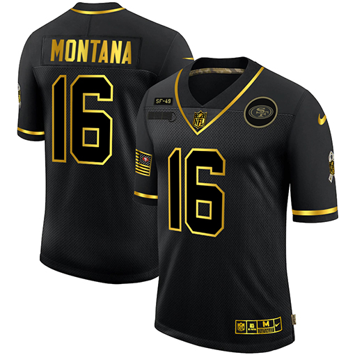 Men's San Francisco 49ers #16 Joe Montana 2020 Black/Gold Salute To Service Limited Stitched NFL Jersey