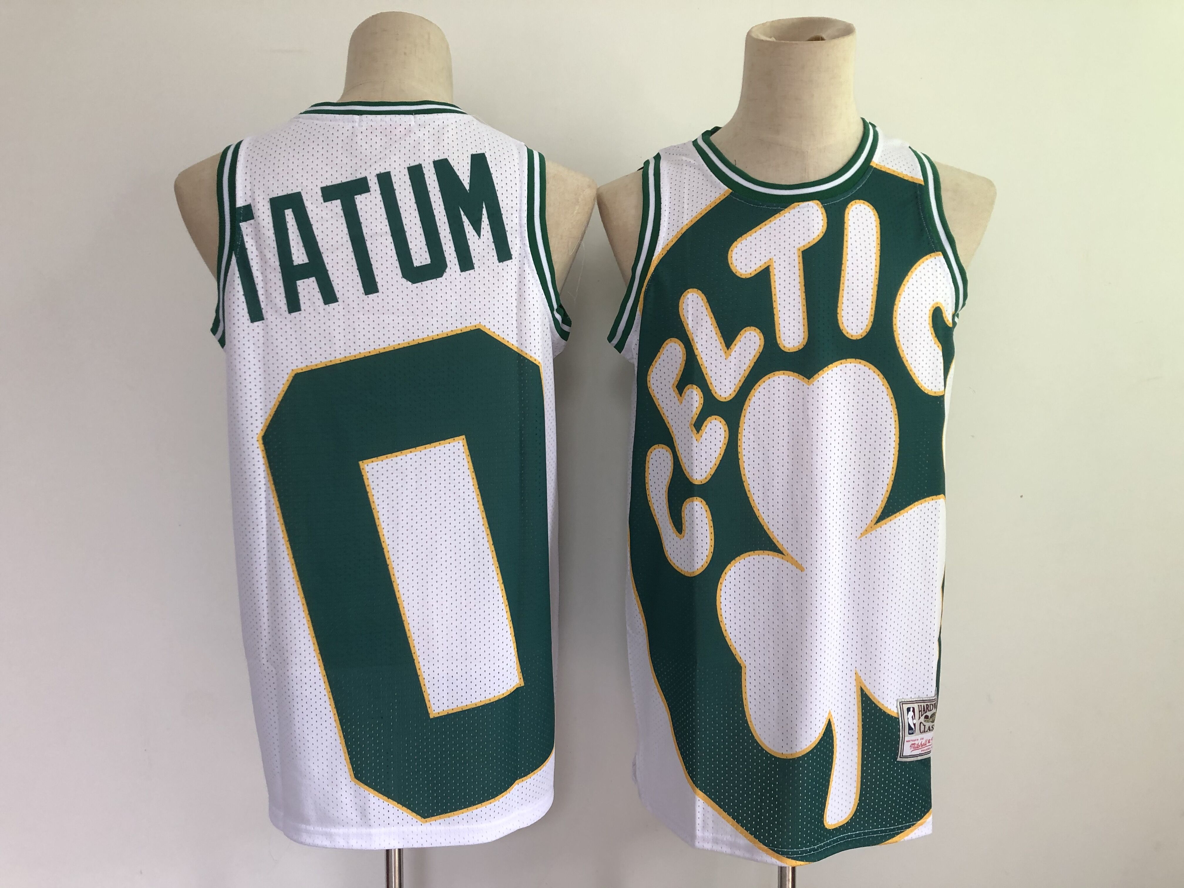Men's Boston Celtics #0 Jayson Tatum White and Green Big Face Throwback Stitched Jersey