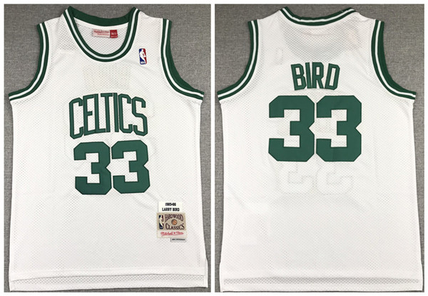 Men's Boston Celtics #33 Larry Bird 1985-86 White NBA Throwback Stitched Jersey