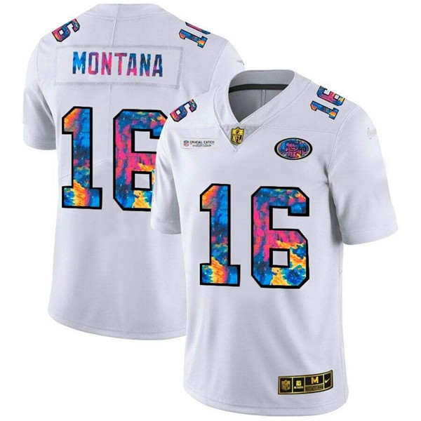 Men's San Francisco 49ers #16 Joe Montana 2020 White NFL Crucial Catch Limited Stitched Jersey