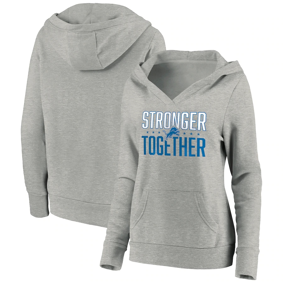 Women's Detroit Lions Heather Gray Stronger Together Crossover Neck Pullover Hoodie(Run Small)