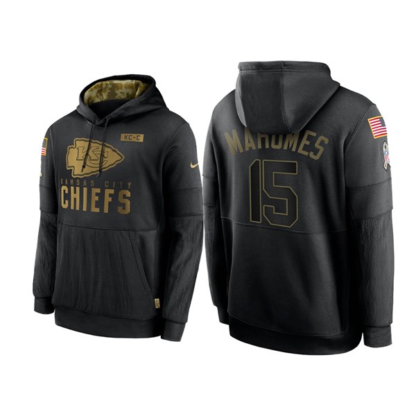 Men's Kansas City Chiefs Black #15 Patrick Mahomes NFL 2020 Salute To Service Sideline Performance Pullover Hoodie