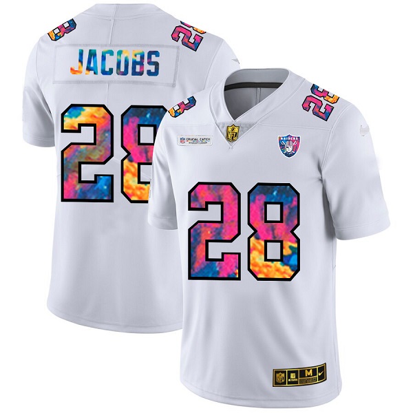 Men's Las Vegas Raiders #28 Josh Jacobs 2020 White Crucial Catch Limited Stitched Jersey
