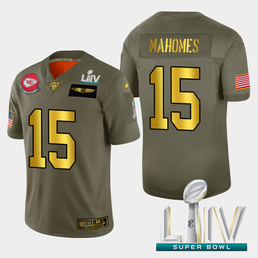 Kansas City Chiefs #15 Patrick Mahomes Men's Nike Olive Gold Super Bowl LIV 2020 2019 Salute to Service Limited NFL 100 Jersey