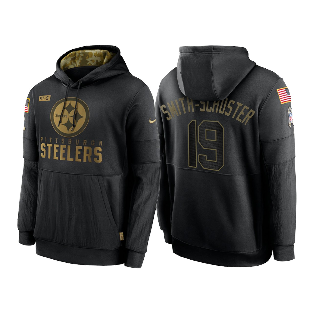 Men's Pittsburgh Steelers Black #19 JuJu Smith-Schuster NFL 2020 Salute To Service Sideline Performance Pullover Hoodie