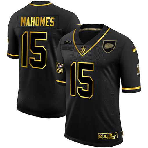 Men's Kansas City Chiefs #15 Patrick Mahomes 2020 Black/Gold Salute To Service Limited Stitched NFL Jersey