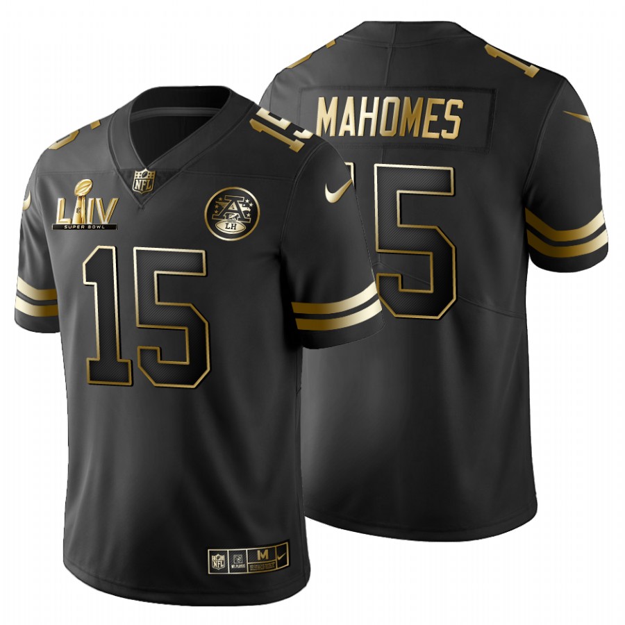 Men's Kansas City Chiefs #15 Patrick Mahomes Black NFL Super Bowl LIV Golden Edition Limited Stitched Jersey