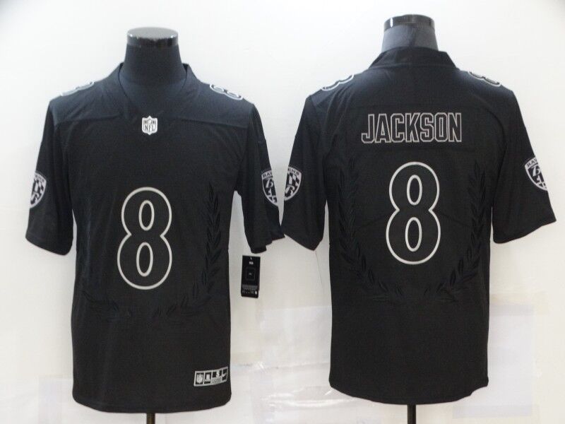 Men's Baltimore Ravens #8 Lamar Jackson Black&White NFL Stitched Jersey
