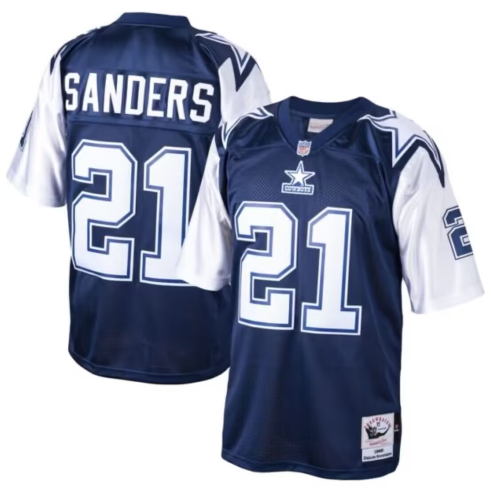 Dallas Cowboys #21 Deion Sanders Blue/White With 75TH Stitched Throwback NFL Jersey
