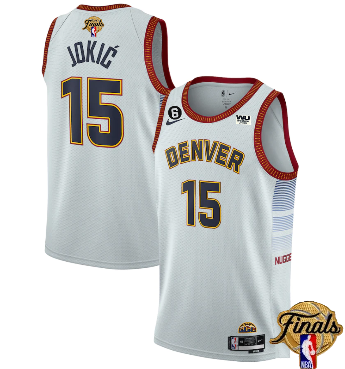 Men's Denver Nuggets #15 Nikola Jokic White 2023 Finals Icon Edition With NO.6 Patch Stitched Basketball Jersey