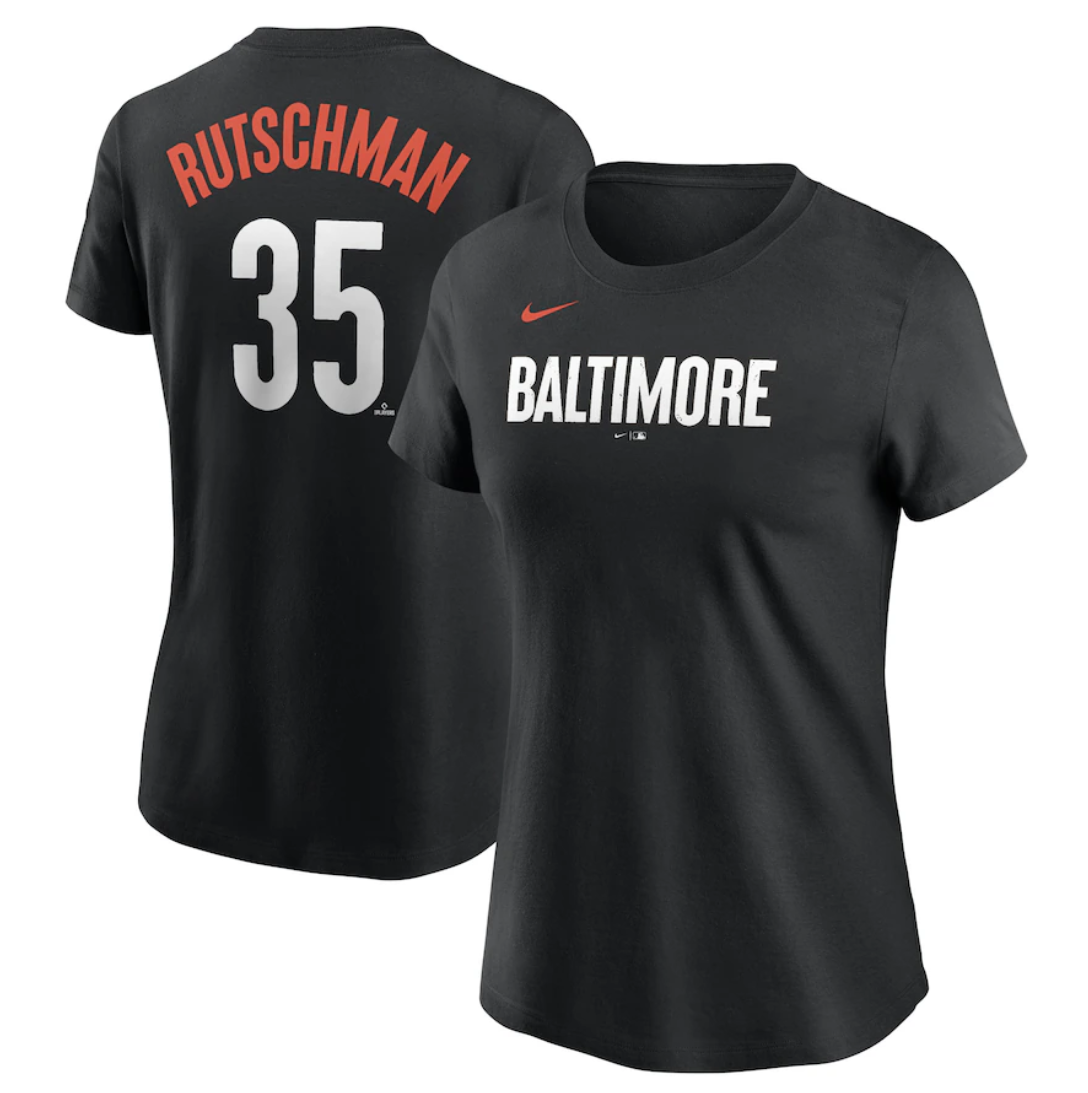 Women's Baltimore Orioles #35 Adley Rutschman Black 2023 City Connect Name & Number T-Shirt(Run Small)