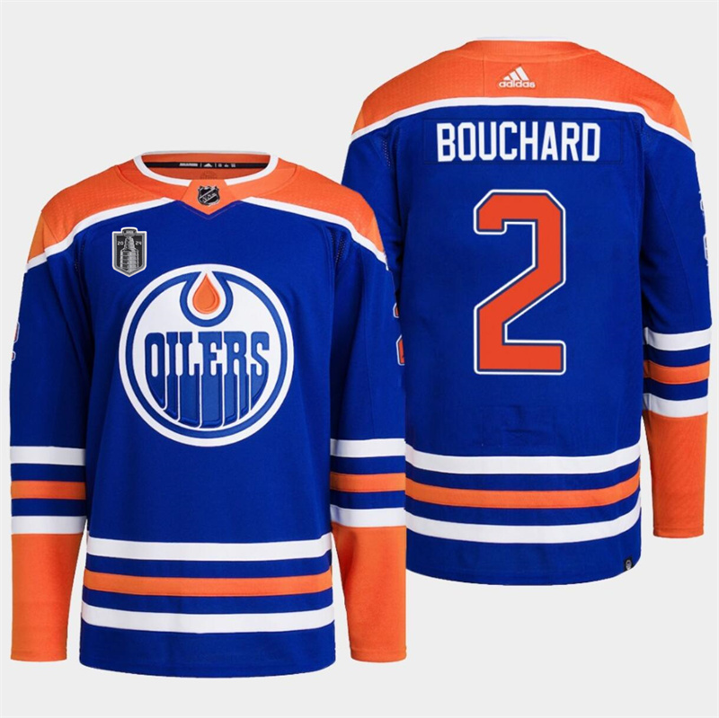 Men's Edmonton Oilers #2 Evan Bouchard Royal 2024 Stanley Cup Final Patch Stitched Jersey