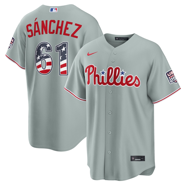 Men's Philadelphia Phillies #61 Jhoan Durán Grey USA 250 Fourth of July Home Stitched Baseball Jersey