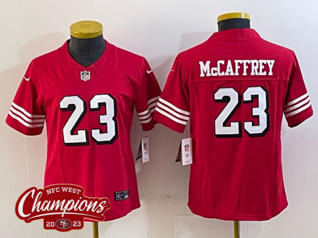 Women's San Francisco 49ers #23 Christian McCaffrey New Red 2023 F.U.S.E. NFC West Champions Patch Vapor Untouchable Limited Stitched Jersey(Run Small)