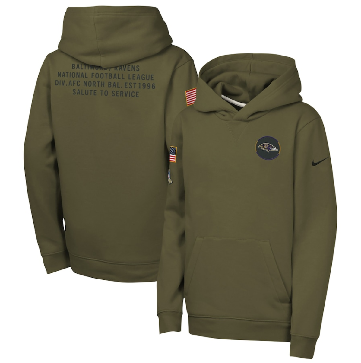 Youth Baltimore Ravens Olive 2025 Salute to Service Club Fleece Hoodie