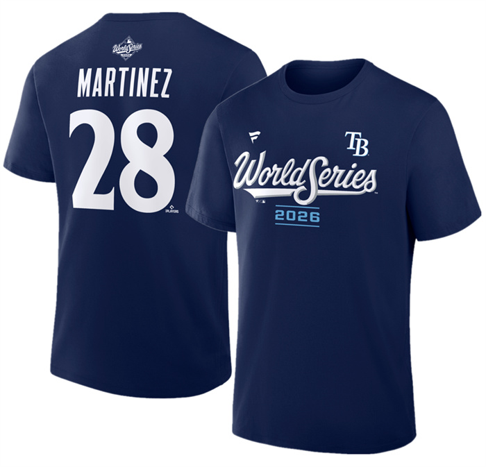 Men's Tampa Bay Rays #28 Nick Martinez Navy 2026 World Series Name & Number T-Shirt