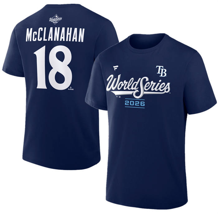 Men's Tampa Bay Rays #18 Shane McClanahan Navy 2026 World Series Name & Number T-Shirt