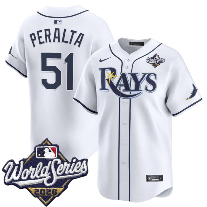 Men's Tampa Bay Rays #51 Freddy Peralta White 2026 World Series Home Limited Stitched Baseball Jersey
