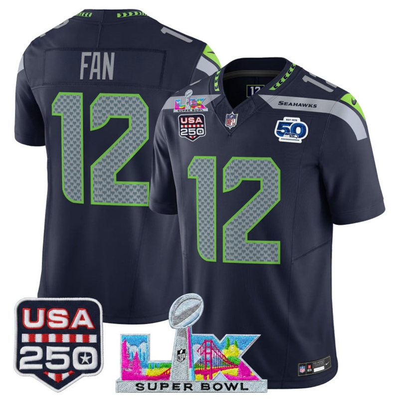 Youth Seattle Seahawks #12 Fan Navy 2025 F.U.S.E. Super Bowl LX Patch And 50th Season Patch Vapor Limited Stitched Football Jersey Youth Seattle Seahawks #12 Fan Navy 2025 F.U.S.E. Super Bowl LX Patch And 50th Season Patch Vapor Limited Stitched Football Jersey